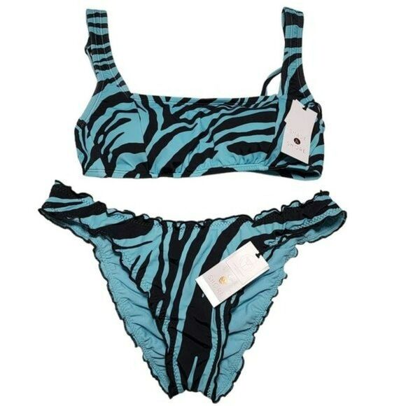 Shade And Shore Blue Black Zebra Print Swim Bikini Set Two Piece Size L - Picture 1 of 13